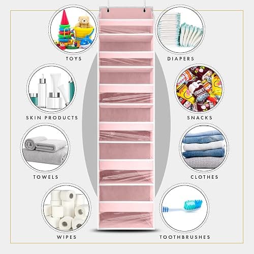 HOMELUX THEORY UPGRADED 6 Tiers Over The Door Organizer Hanging - 100D EXTRA THICK & 50lbs HUGE CAPACITY, 12 Side Mesh Pockets Over The Door Shoe Organizer, Hanging Closet Organizer (Baby Pink, 1pc) thumbnail 6