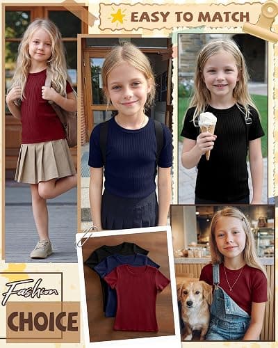 YooAurvox 3 Pack Girls' Short Sleeve T-Shirts Kids Ribbed Soft Tees Crew Neck Slim Basic Tops Solid Color 5-14 Years thumbnail 4
