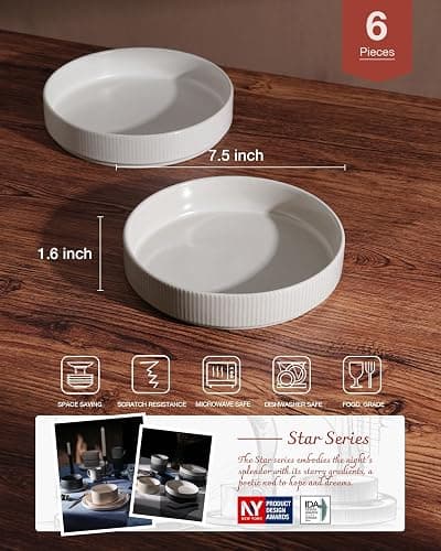 Richmount Star 7.5" Pasta Bowls Set, Salad Bowl Set of 6, Double Reactive Glaze, Stackable, Perfect for Your Friend for Housewarming, Thanksgiving, Christmas, Matte White (Full Glaze) thumbnail 3