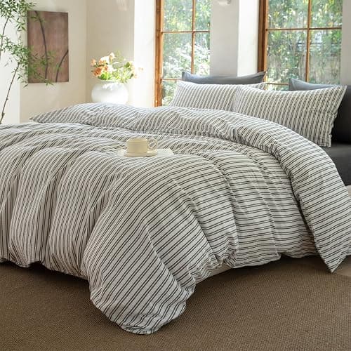 XINMIANFANG Striped Duvet Cover Set Full Size 3 Piece 100% Washed Cotton Linen Feel Bedding Comfy Breathable Modern Farmhouse (Full, Double Stripe-White/Black) thumbnail 5