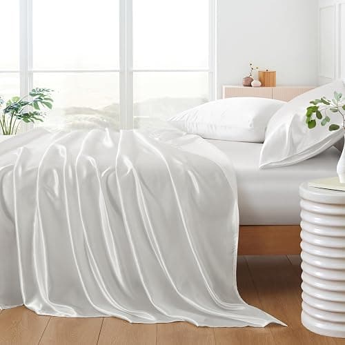 HommxJF 5Pcs White Satin Sheets Set Breathable Luxury Silky Satin Bedding Set with 1 Flat Sheet,1Deep Pocket Fitted Sheet,3Pillowcase thumbnail 7