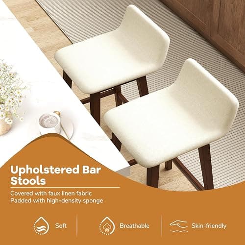 Giantex 24" Bar Stools Set of 4, Upholstered Counter Height Barstools with Low Back, Footrest, Armless Wood Bar Chairs for Kitchen Island, Dining Room, Brown & Beige thumbnail 4