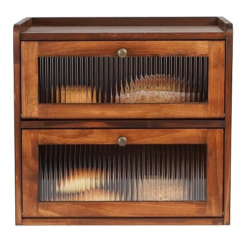 Sunhoo Bread Box for Kitchen Countertop Wooden Bread Storage Container Bin 2 Layer Breadbox Holder Large Capacity Keeper Vintage Farmhouse Food Organizer Pantry Shelf Acrylic Window (Brown) - Image 1