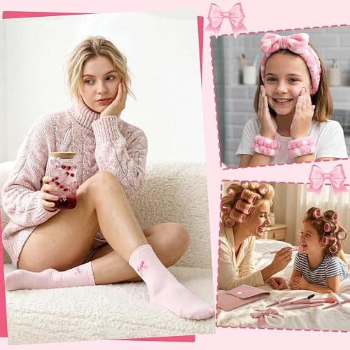 saerryor Birthday Gifts for Girls, Bow Glass Cup with Lid and Straw Card Keychain Pendant Makeup Brushes Cosmetic Bag Socks Headband, Pink thumbnail 6