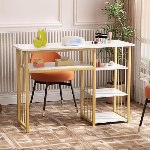 Zucebos Nail Desk with 3-Tier Shelves, Modern Manicure Table with Marble Top and Gold Frame, Nail Tech Desk for Beauty Salon Spa White thumbnail 9