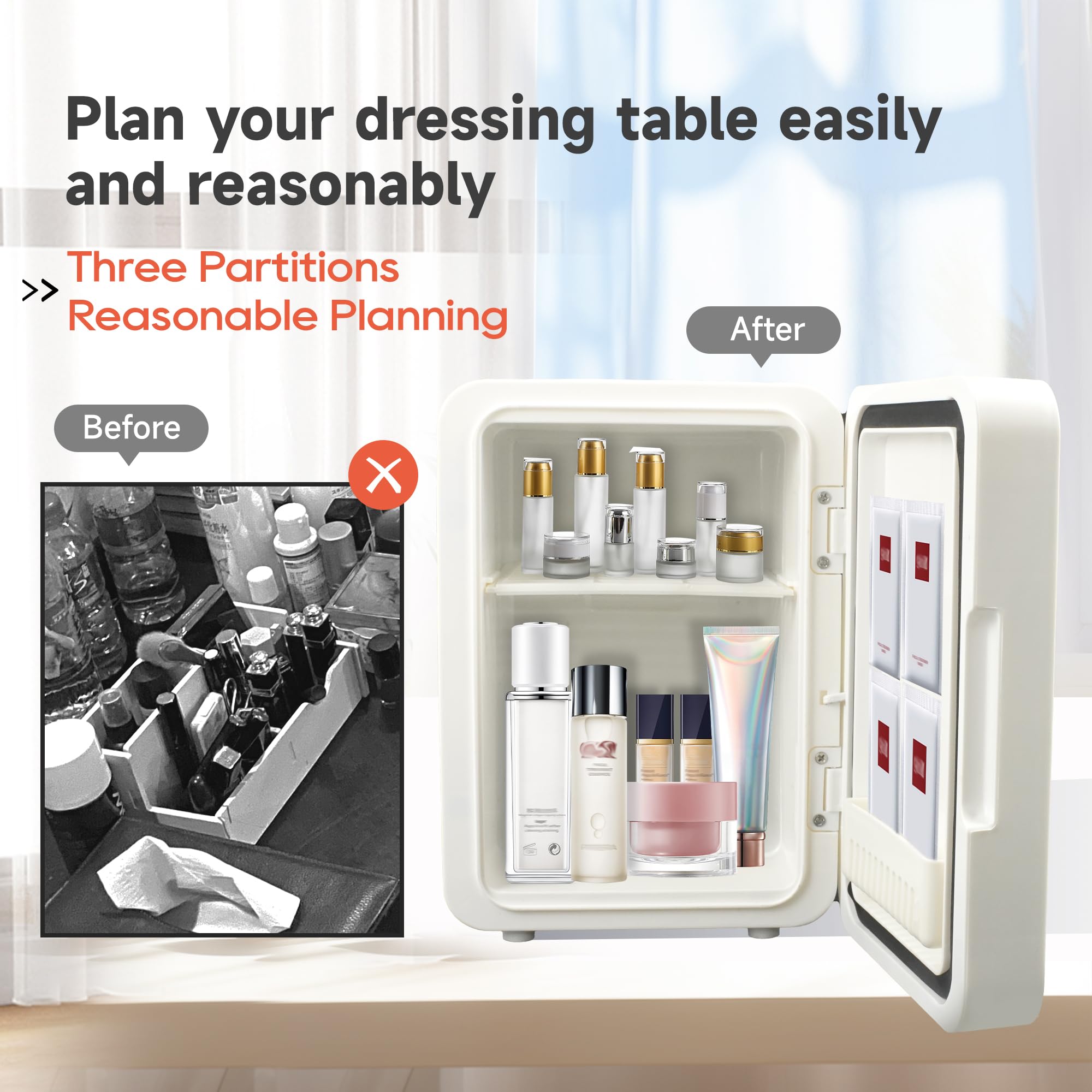 Juturnas Mini refrigerador de maquillaje, nevera para el cuidado de la piel con enfriador o calentador, alimentado por CA/CC, con espejo de luz LED, refrigerador pequeño portátil para cosméticos, thumbnail 3