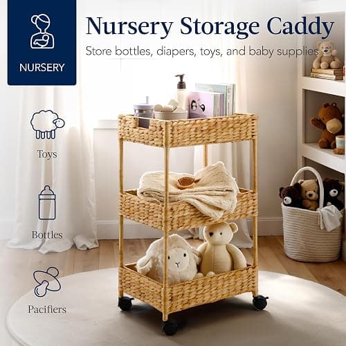 Best Choice Products 3-Tier Water Hyacinth Rolling Nursery Caddy w/Wheels, Utility Cart, Storage Organization for Bathroom, Craft Room, Laundry Room - Natural thumbnail 4