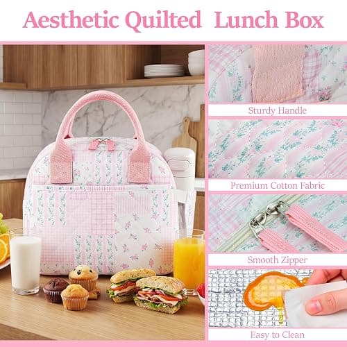 WOBAGMEN Quilted Lunch Box for Adult Women,Cute Floral Insulated Lunch Tote with Front Zipper Pocket, Aesthetic Coquette Style Reusable Lunch Box Bag for Work Gym Travel Picnic (pink hua pin, M) thumbnail 4