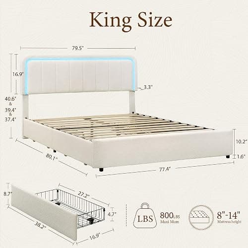 Brafab King Bed Frame, Storage Bed Frame King Size with Adjustable Headboard, Cloud Boucle Upholstered Platform Bed with LED Light, Soft Rounded Corners, No Box Spring Required, Easy Assembly, Beige thumbnail 2