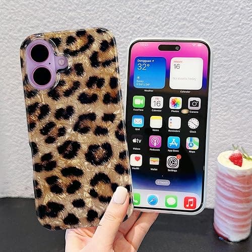 J.west Compatible with iPhone 16 Case 6.1", Classic Soft Sparkly Leopard Print Pearly Thinfoil Animal Design Women Girl Protective Cover Phone Case for 16 Brown Cheetah thumbnail 4