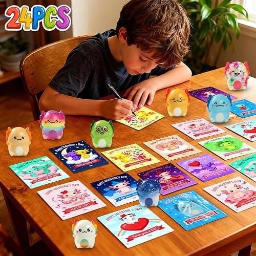 24 PCS Valentines Day Gift Cards with Axolotl Squishy Toys,Valentine's Axolotl Slow Rising Stress Relief Squishies Fidget Toys Bulk for Kids School Classroom Exchange Prizes,Valentine's Party Favor thumbnail 6