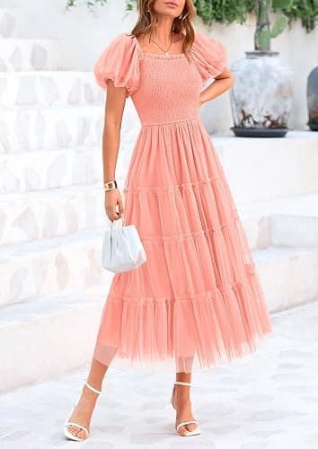 PRETTYGARDEN Women's Smocked Midi Tulle Dress 2026 Summer Puffy Short Sleeve Square Neck Ruffle Wedding Guest Party Dresses thumbnail 4