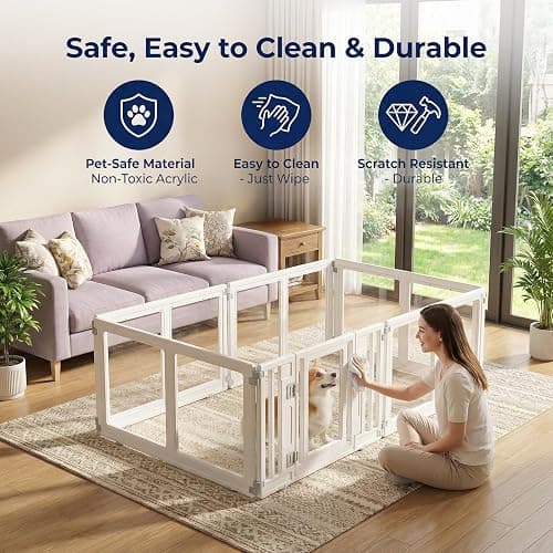 Wagora Clear Acrylic Dog Playpen with Door, Transparent Puppy Playpen for Small and Medium Puppies, Easy Assemble Pet Fence Indoor with Safety Lock (White, 69.3 x 35 x 22.4 Inch) thumbnail 7
