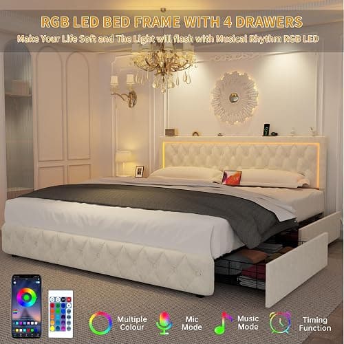 VOHOBY King Bed Frame with 4 Storage Drawers, Velvet Upholstered Bed Frame King Size with Charging Station and LED Lights, 46" Adjustable Button Tufted Headboard, No Box Spring Needed, Beige thumbnail 5