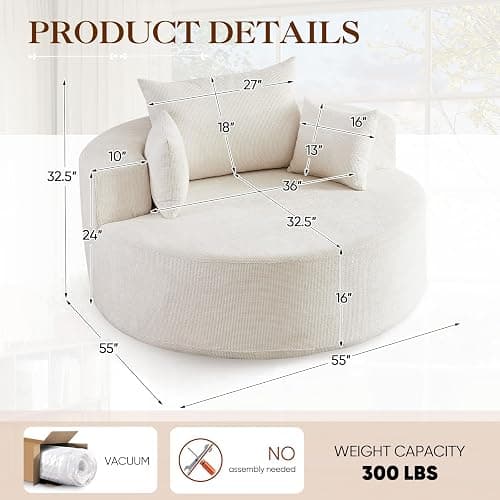 Antetek Oversized Round Chaise Longue Chair Indoor, Modern 55-inch Upholstered Waffle Chenille Deep Seat Circle Single Cloud Lounge Floor Sofa Chair for Living Room, Bedroom Apartment, Beige thumbnail 2