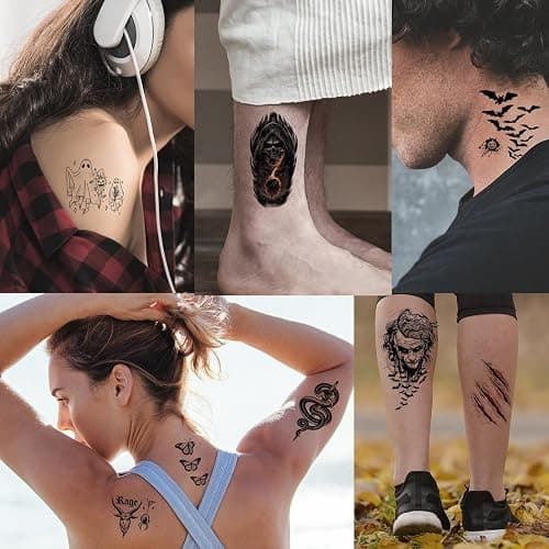 52 Sheets Black Halloween Temporary Tattoos for Kids Men Women, Include 10 Sheets Large Half Arm Sleeve Fake Tattoos, 200+ PCS Spider Snake Tiger Lion Skull Bat Vampire Scar Halloween Tattoos thumbnail 6