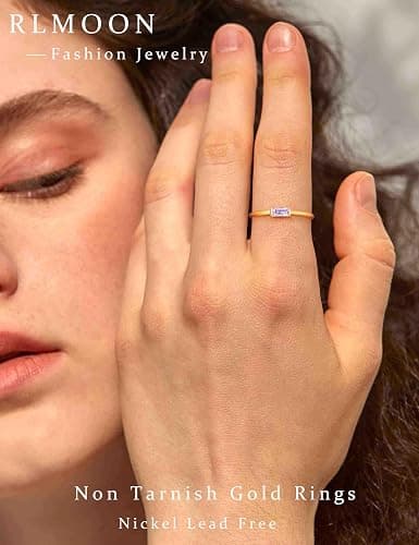 RLMOON Gold Birthstone Rings for Women Non Tarnish Gold Stackable Rings Dainty 14K Gold/Silver Plated Baguette CZ Emerald Green Ring Personalized Jewelry Gift for Birthday Size 4-10 thumbnail 2