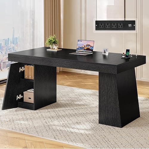 UPOSOJA 55.9 in Executive Desk with Power Outlets, Modern Home Office Desk with Storage Cabinet, Wood Computer Desk Business Workstation Desk Conference Table, Black (Storage Cabinet) - Image 1