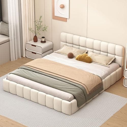 BRILVERDE Upholstered Bed with Slatted Frame and Backrest, Double Bed, Youth Bed, Flat Bed with Padded Border, Padded Bed, Youth Bed Frame, Linen (Beige, 140 x 200 cm) thumbnail 9