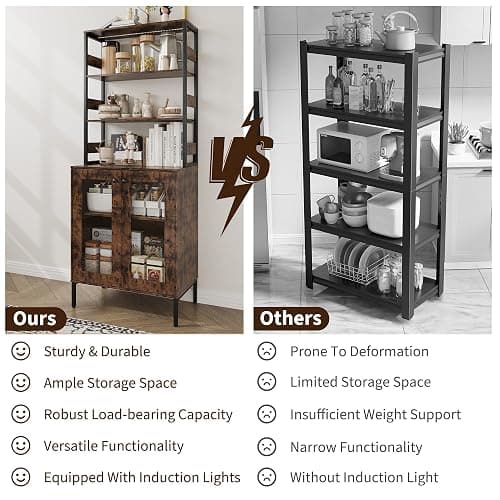 Amenitlif Kitchen Pantry Cabinet with LED Lights & Power Outlet, 66.9" H Kitchen Bakers Rack with Storage Shelves, Bar Cabinet with Glass Doors for Dining Room, Living Room, Hallway thumbnail 5