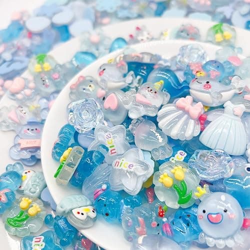 JINDUODUO 60 Pcs Slime Charms Bulk DIY Craft Making Kit, Cute Flat Back Resin Charms for Crafts (Blue) thumbnail 5