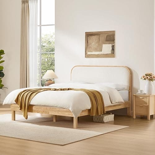 KISLOT Wood Bed Frame with Upholstered Headboard, Mid-Century Boucle Fabric Platform Modern Bed Mattress Foundation Noise-Free No Box Spring Needed Easy Assembly thumbnail 3