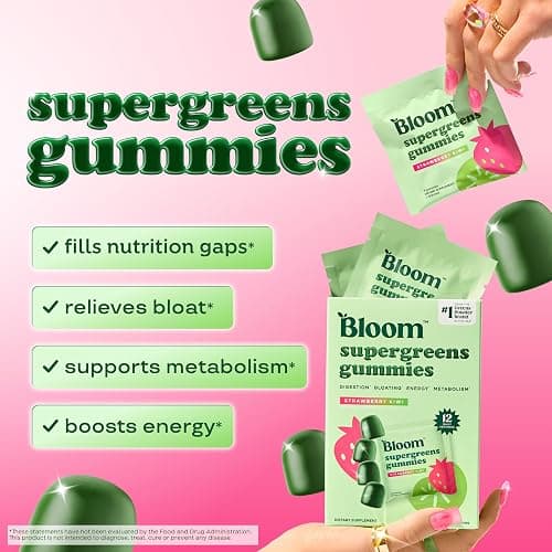 Bloom Super Greens Gummies, Daily Greens Superfood Fiber Gummies with Fruits, Vegetables, Vitamins & Minerals for Digestive & Gut Health, Bloating Support, Strawberry Kiwi, 12 Servings (48 Total) thumbnail 2
