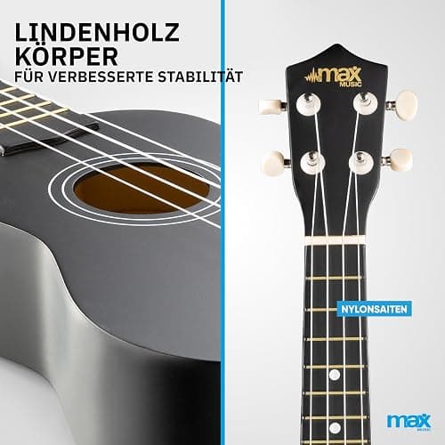 MAX UKEY Ukulele Komplett Set inkl. Plektren, digitalem Stimmgerät und Tasche, 21" mini Gitarre, Ukulele Erwachsene mit Zubehör für Anfänger, Soprano, 4 Nylon Saiten, 12 Bünde - Schwarz thumbnail 7