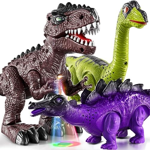 TEMI 3 Pack Electrical Walking Dinosaur Toys for Toddlers 3-4 3-5 Years with Sound and Light Up, Toddler Robot Dinosaur, Brachiosaurus, Stegosaurus Dinosaur Figures for Kids - Image 1