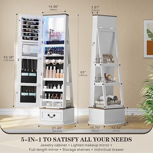 360°Swivel jewelry organizer with Full Length Mirror with Lights,Jewelry Armoire Cabinet Standing with Drawers,Large Mirror Storage for Jewelry and Makeup,Best Gift for Mom,Wife & Girls（White） thumbnail 2