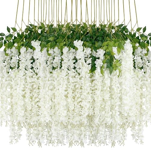 48Pcs Artificial Wisteria Flowers 3.6 Feet/Piece White Dense Artificial Fake Wisteria Vine Ratta Hanging Garland Silk Flowers String Home Party Wedding Decor(White-Dense) - Image 1
