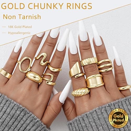 17 MILE Chunky Gold Stackable Rings for Women Non Tarnish, 18K Gold-Plated Statement Open Stacking Rings, Knuckle Band Ring Set thumbnail 3