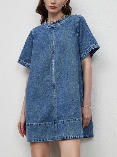 LifeShe Denim Dress for Women Summer Casual Short Sleeve Chambray Mini Jean Dresses with Pockets thumbnail 2