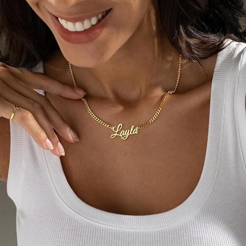 Yofair Custom Name Necklace with Curb Chain, 18K Gold Plated Dainty Name Pendant for Women Personalized Christmas Birthday Gift for Her thumbnail 6