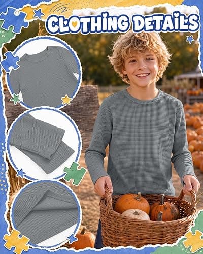 Hyggeweir 3 Pack Boys Long Sleeve Waffle Shirts | Teen Boys, Solid Tops, Crew Neck, Loose, Fall Thermal Tees, Layering, Back to School, Aged 5-14 Years, Kids thumbnail 5