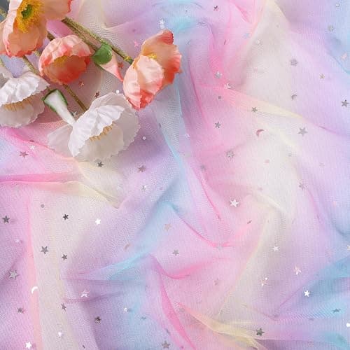 TuTive Iridescent Moon and Stars Gauze Table Runner 120 Inch 10FT Rainbow Tulle Silver Sequin Glitter Table Runner Colorful Dining Wedding Rainbow Birthday Decorations Unicorn Decor Holiday Home Party thumbnail 5