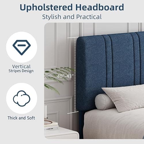 MaverickFurni Twin Bed Frame for Kids, Upholstered Platform Bed Frame with Linen Fabric headboard, Wood Slats, Modern Style, No Box Spring Needed, Easy Assembly, Blue thumbnail 3