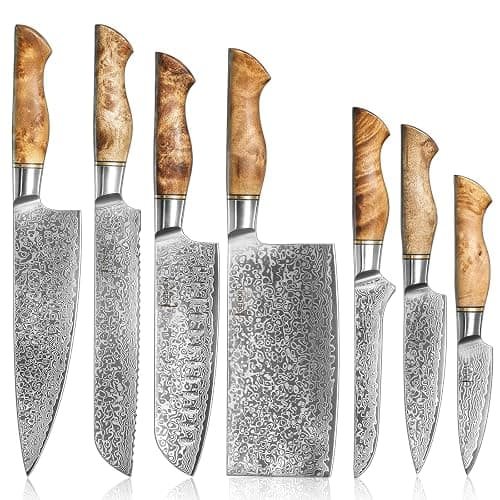 SENKEN 7-Piece Damascus Kitchen Knife Set - Dynasty Collection - 67-Layer Japanese VG10 Steel with Sycamore Wood Handles, Chef's Knife, Cleaver, Bread, Santoku, Boning, & More - Image 1