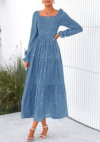 PRETTYGARDEN Fall Wedding Guest Dresses for Women 2025 Floral Long Sleeve Smocked Tiered Elegant Long Flowy Boho Dress thumbnail 3