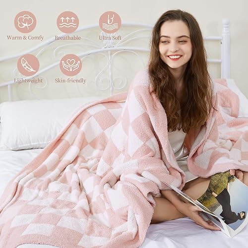 SeaRoomy Checkered Throw Blanket, Ultra Soft Microfiber Knit Throw Blanket, Cozy Fluffy Fuzzy Reversible Checkerboard Pink Blanket for Couch Sofa Bed Decor(Light Pink, 51"63") thumbnail 5