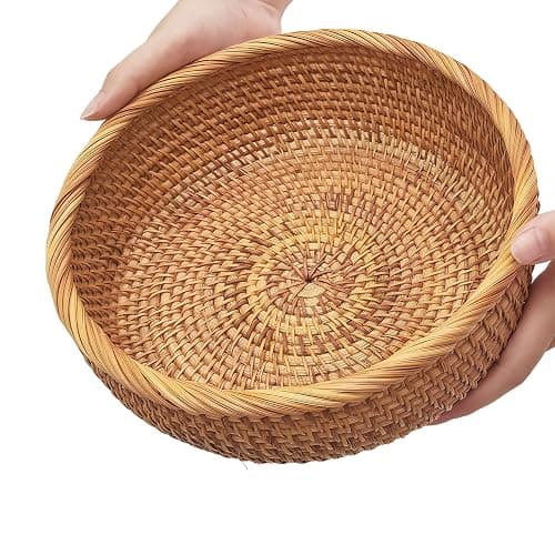 9.2" Medium Round Rattan Wicker Bread Basket, Natural Fruit Basket for Kitchen Counter, Hand Woven Food Baskets, Artisanal Bread Baskets for Serving, Fruit, Vegetable, Snack, key, Etc. - Image 1