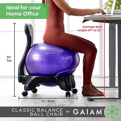 Gaiam 610-6002RTL Balance Ball Chair - Classic Yoga Ball Chair with 52cm Stability Ball, Pump & Exercise Guide for Home or Office, Black thumbnail 3