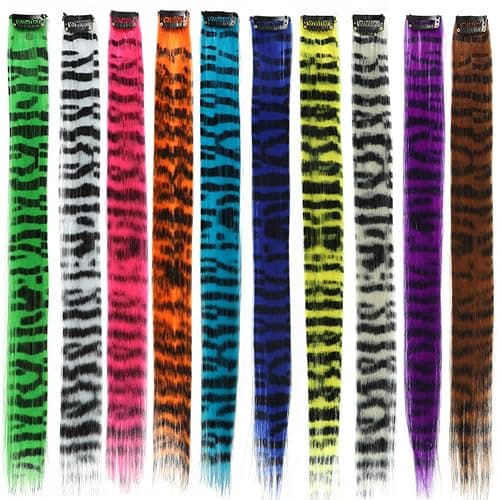 kudois 3Pcs Stripe Printed Wig Piece Colorful Long Straight Clip-in Hair Extensions for Daily Use Party Halloween thumbnail 5