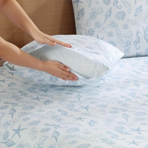 Caribbean Joe Queen Coastal Print Microfiber Sheet Set, Coastal Brocade | Soft, comfortable 100% polyester microfiber 4-piece set with 12" deep pockets and a coastal seashell pattern thumbnail 3