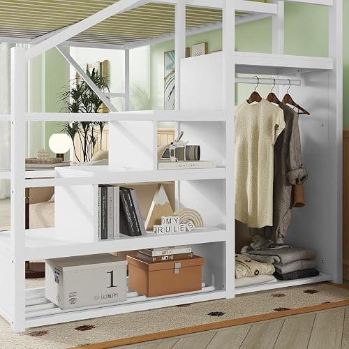 KEIKI Queen Size Metal Loft Bed Frame with Convertible Staircase, Built-in Storage Shelves and Wardrobe, Loft Bed with Solid Slats, Guardrail, No Box Spring Required, Easy Assembly, for Bedroom, White thumbnail 5