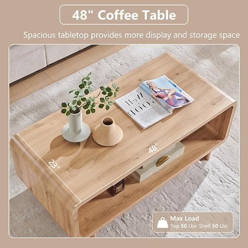 IFGET 48" Modern Coffee Table, 2-Tier Minimalist Center Table with Storage Shelf, Curved Profile Design, Wooden Rectangular Living Room Table w/Wood Thick Design for Living Room, Office, Natural Oak thumbnail 4