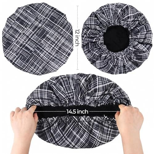 Shower Cap for Women Terry Lined Bath Cap Large Reusable Waterproof Elastic Black Plaid Shower Caps for Long Thick Hair Soft Bath Shower Hair Caps thumbnail 6