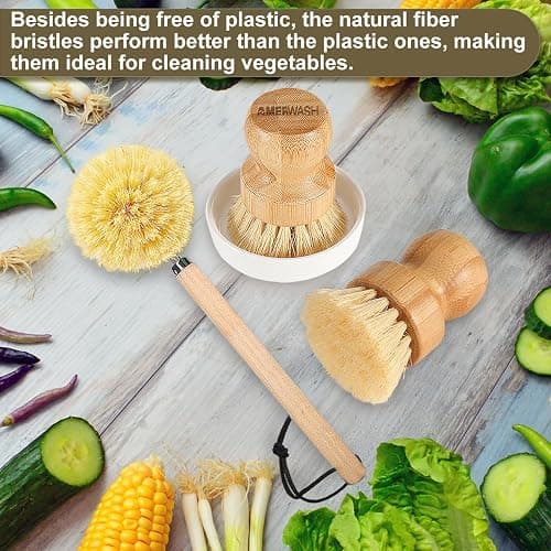 Wooden Dish Brush Set Clean Pots, Pans and Vegetable, Natural Bristles Bamboo Scrub Brushes with Ceramic Dish - 1 Long Handle Dish Brush + 2 Palm Scrubbing Brush thumbnail 3