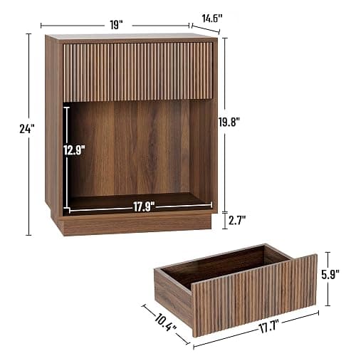Fluted Nightstands Set of 2, Modern Bedside Table with Storage Drawer and Open Wood Shelf, Wood End Table Mid Century Night Stands for Bedroom Living Room Sofa Couch Office Walnut Brown thumbnail 2