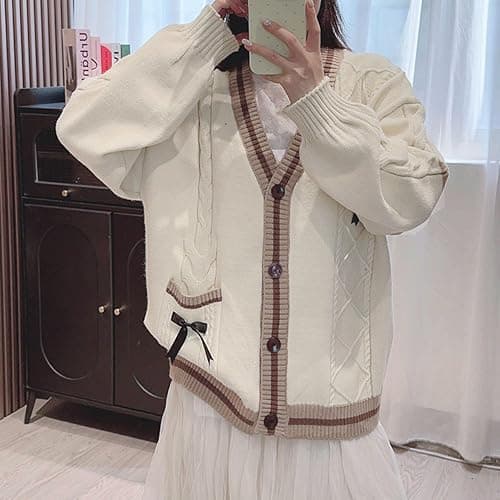 FindThy Women’s Kawaii JK School Uniform Cardigans Long Sleeve Button Up Cardigan with Pinned Bowknot thumbnail 4